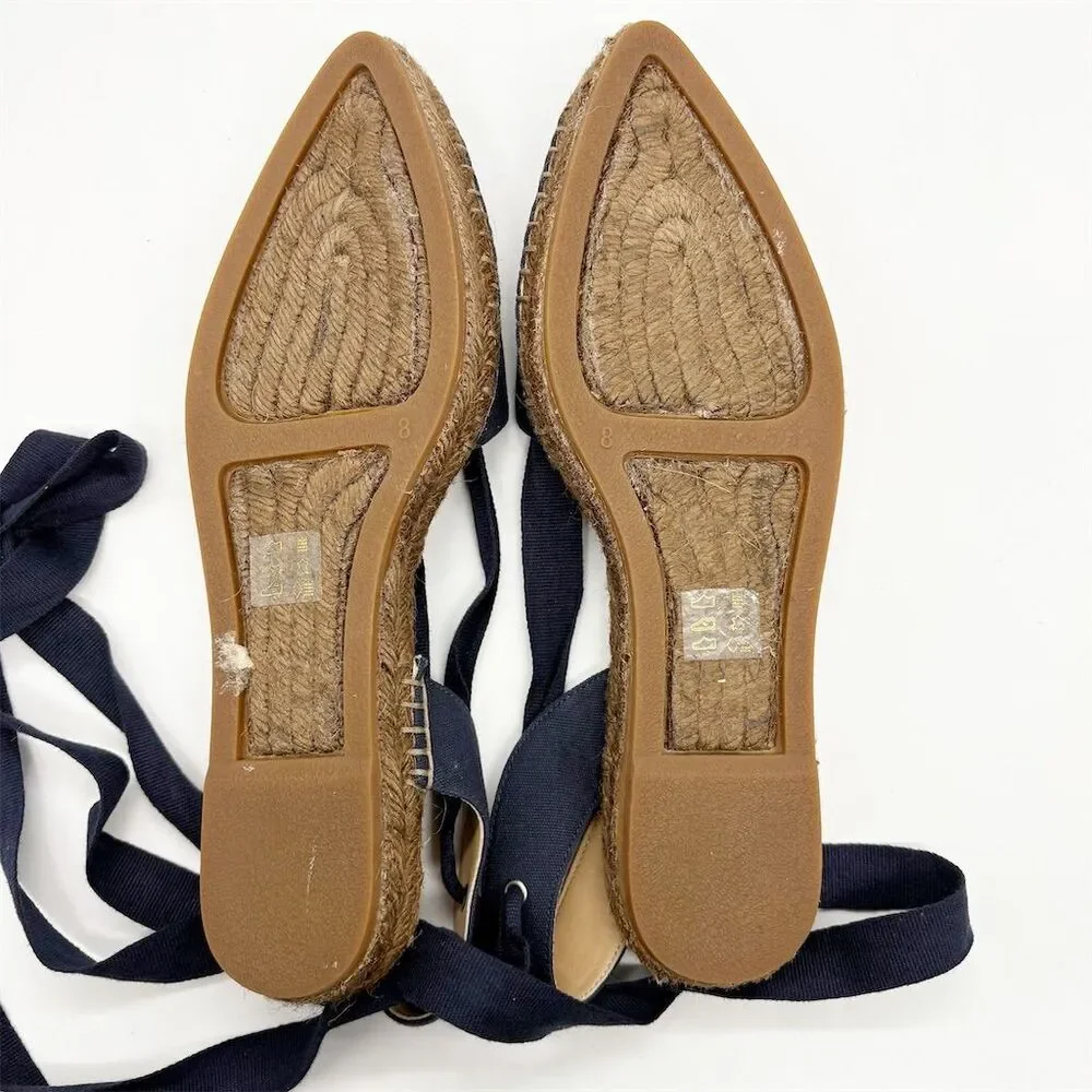 J. Crew Pointed‎ Toe Ankle Wrap Tie Espadrille Size 8 Navy Blue Canvas Summer